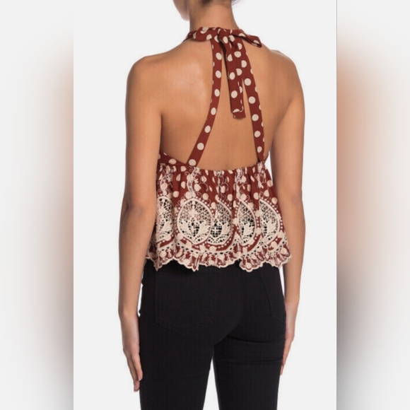 Free People Lunch Date Rust Polka Dot Adjustable Boho Halter Top, Babydoll M EUC - Picture 4 of 15